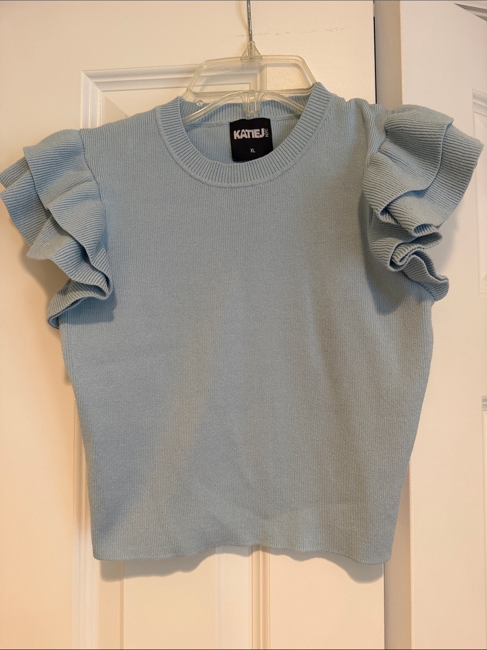 Katie J NYC Sky Blue Ruffle Sleeve Knit Sweater Tee